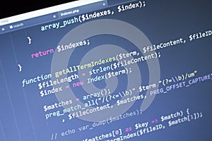 PHP back-end code. Computer programming source code. Abstract screen of web developer. Digital technology modern background