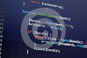 PHP back-end code. Computer programming source code. Abstract screen of web developer. Digital technology modern background