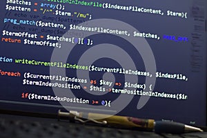 PHP back-end code. Computer programming source code. Abstract screen of web developer. Digital technology modern background