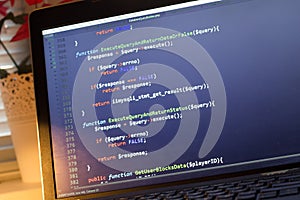 PHP back-end code. Computer programming source code. Abstract screen of web developer. Digital technology modern background
