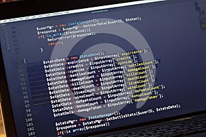 PHP back-end code. Computer programming source code. Abstract screen of web developer. Digital technology modern background