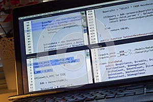 PHP back-end code. Computer programming source code. Abstract screen of web developer. Digital technology modern background