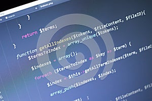 PHP back-end code. Computer programming source code. Abstract screen of web developer. Digital technology modern background