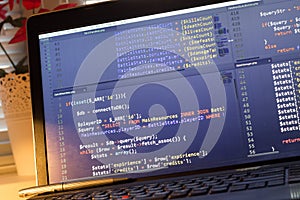 PHP back-end code. Computer programming source code. Abstract screen of web developer. Digital technology modern background