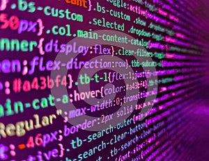Php code on blue background in code editor. Abstract computer script  code. Computer science lesson. Screen of web developing