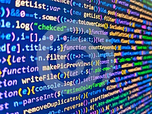Php code on blue background in code editor. Program development concept. Writing program code on computer. Coding cyberspace