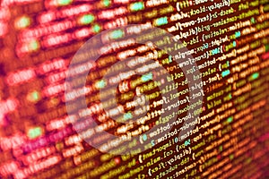 Php code on blue background in code editor. Website development. Programmer workplace. Vignette light and dark shadow dramatic