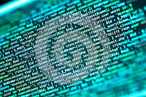 PHP code on computer screen. Software development abstract background. Green color. Search job or abstract course template for