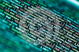 PHP code on computer screen. Software development abstract background. Green color. Search job or abstract course template for