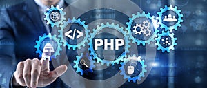 PHP coding Concept. Programmer search. Technology Background