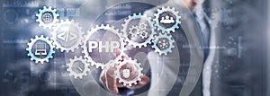 PHP coding Concept. Programmer search. Technology Background