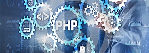 PHP coding Concept. Programmer search. Technology Background