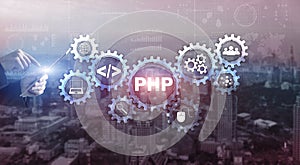 PHP coding Concept. Programmer search. Technology Background