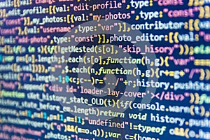PHP data source file. JavaScript code in text editor. SEO concepts for better SERP.