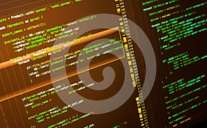 Php developing of the site in the code editor. Green php code on brown background, macro
