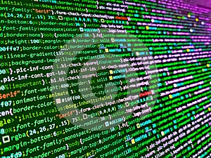 PHP development, software site code. Hi-tech modern screen of data, digits and chars on monitor. Information technology website