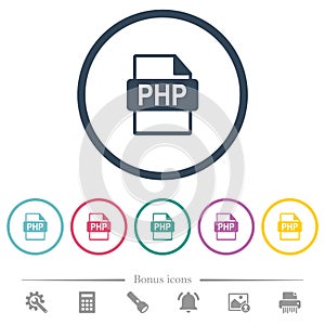 PHP file format flat color icons in round outlines