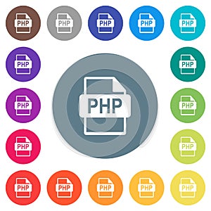 PHP file format flat white icons on round color backgrounds