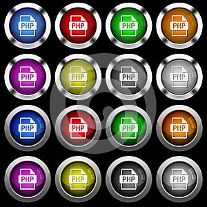 PHP file format white icons in round glossy buttons on black background