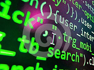 Php language and coding function developer. Lines of Html code visible. Hi-tech modern screen of data, digits and chars on monitor