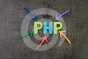 PHP modern programming language for software development or application concept, multi color arrows pointing to the word PHP at