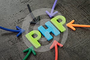 PHP modern programming language for software development or application concept, multi color arrows pointing to the word PHP at