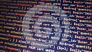 PHP programming language on computer screen. Monitor technology concept. Background of program code. Web dewelopment