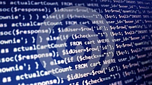 PHP programming language on computer screen. Monitor technology concept. Background of program code. Web dewelopment