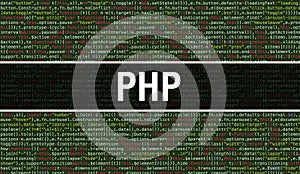 PHP text written on Programming code abstract technology background of software developer and Computer script. PHP concept of code