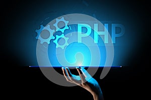 PHP Web development and coding internet and technology concept on virtual screen.