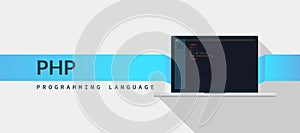 PHP web programming language with script code on laptop screen, programming language code illustration