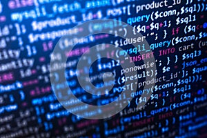 Php web programming source code. Abstract code background. WWW software development. Software background. Website codes on monitor