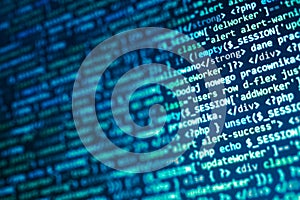 Php web programming source code. Abstract code background. WWW software development. Software background. Website codes on monitor