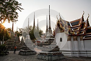 Phra Chedi Rai stupas at Wat Pho sunset, Phra Nakhon District, Bangkok, Thailand.