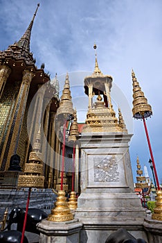 The Phra Mondop and the Monuments of the royal insignia of Rama IV in Wat Phra Kaew in The Grand Palace, Bangkok, Thailand