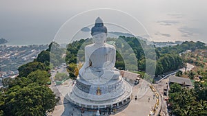 Phra Phutta Ming Mongkol Eknakiri Buddha statue on the hill in Phuket town. Aerial view. Thailand. Drone photo.