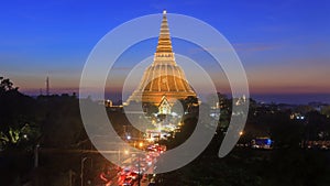 Phra Prathomchedi after sunset with the twilight sky in Nakornpathom (Banner at the bottom written 