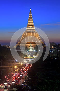 Phra Prathomchedi after sunset with the twilight sky in Nakornpathom (Banner at the bottom written 