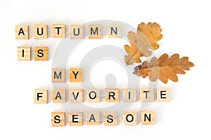 Phrase `Autumn is my favorite season` made out wooden letters with autumn leaves isolated on white background