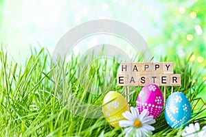Phrase Happy Easter made of letters on a background of green grass, Easter eggs.
