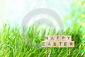 Phrase Happy Easter made of letters on a background of green grass, Easter eggs.