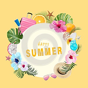 Phrase Happy summer in frame of different beach accessories, green leaves, flowers, fruits and suitcase on pale orange background