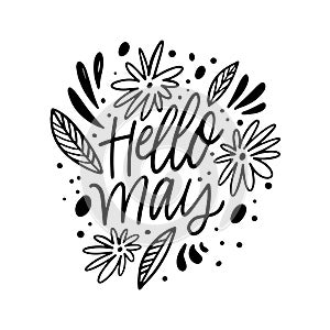 Phrase Hello May black and white vector lettering. Floral elements and leaves on a purple background.