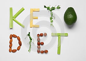 Phrase Keto Diet made with different on white background, flat lay