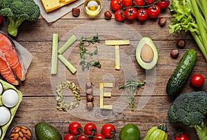 Phrase Keto Diet made with products surrounded by different food on wooden table, flat lay