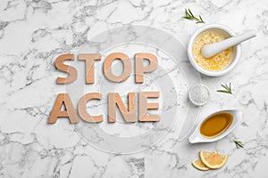 Phrase `Stop acne` and homemade problem skin remedy ingredients