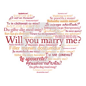 Phrase will you marry me in different languages. Words in cloud in the shape of heart