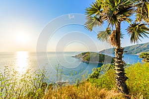 Phromthep cape viewpoint at sunset in Phuket, beautiful coast scenery on tropical island with paradise beaches, Thailand