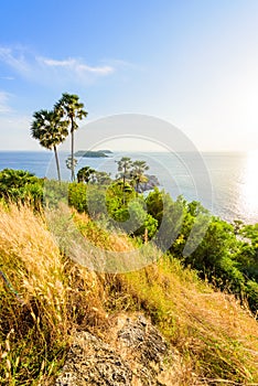 Phromthep cape viewpoint at sunset in Phuket, beautiful coast scenery on tropical island with paradise beaches, Thailand