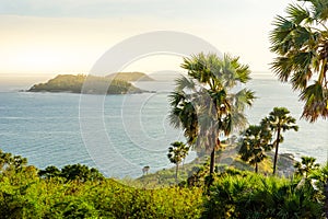 Phromthep cape viewpoint at sunset in Phuket, beautiful coast scenery on tropical island with paradise beaches, Thailand